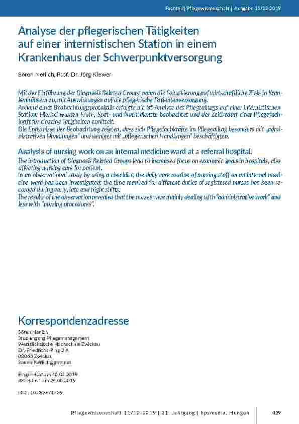 [doc_201807] Analyse der pflegerischen Tätigkeiten auf einer internistischen Station in einem Krankenhaus der Schwerpunktversorgung
