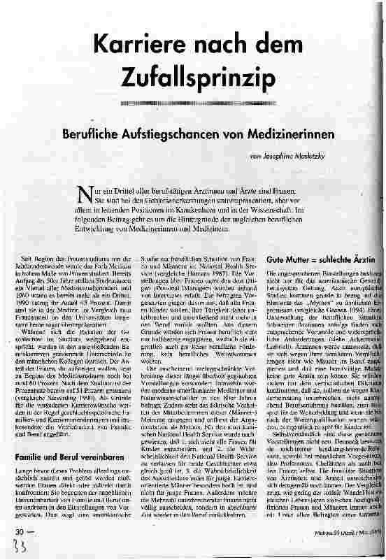 Karriere nach dem Zufallsprinzip Berufliche Aufstiegschancen von Medizinerinnen