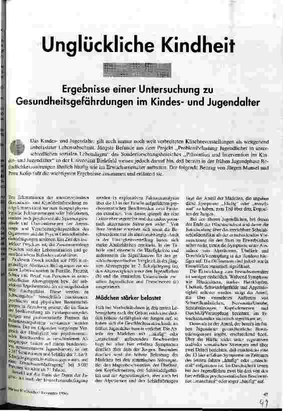 Unglückliche Kindheit Ergebnisse einer Untersuchung zu Gesundheitsgefährdungen im Kindesund Jugendalter