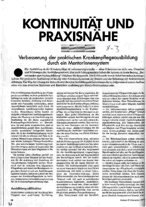 Kontinuität und Praxisnähe Verbesserung der praktischen Krankenpflegeausbildung durch ein MentorInnensystem