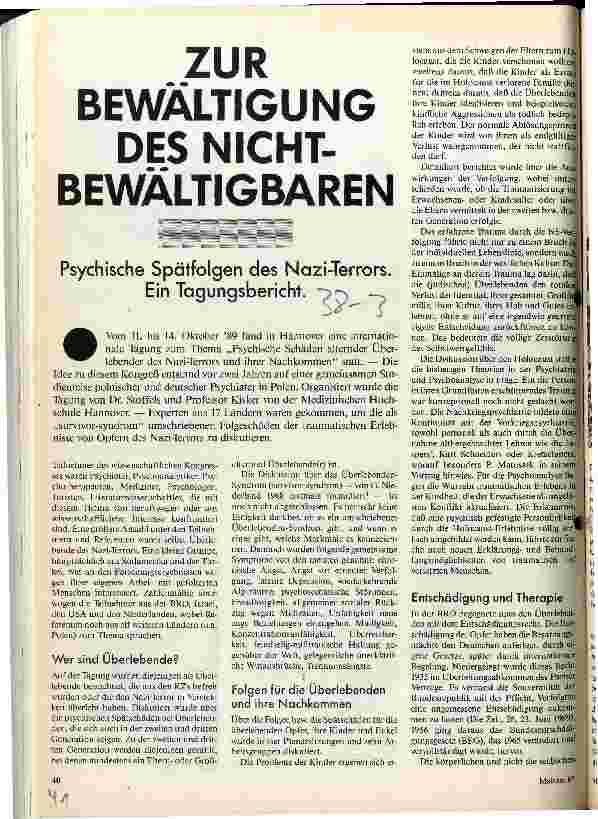 Zur Bewältigung des Nichtbewältigbaren Psychische Spätfolgen des Nazi-Terrors - Ein Tagungsbericht