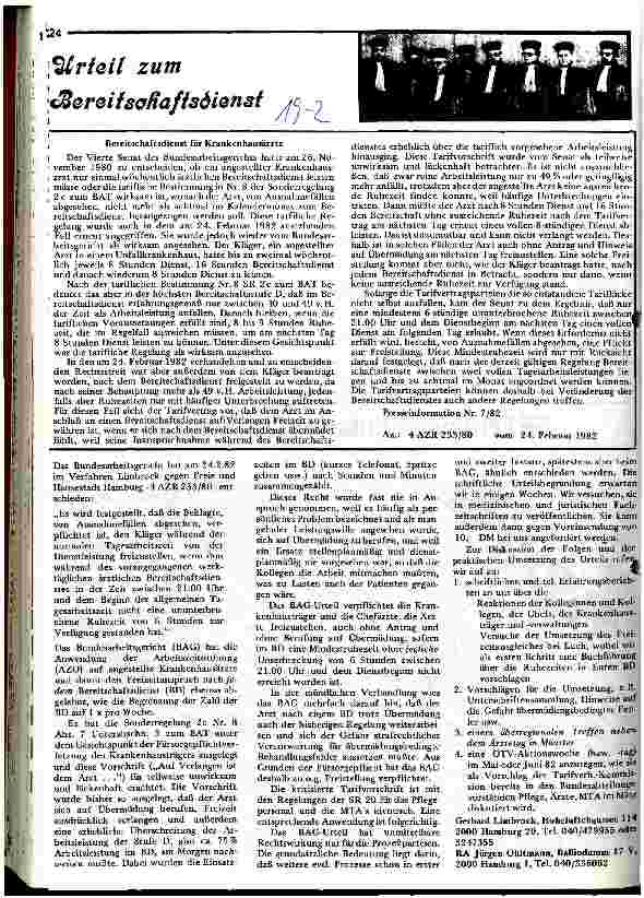 Urteil zum Bereitschaftsdienst Presseinformationen 7/82