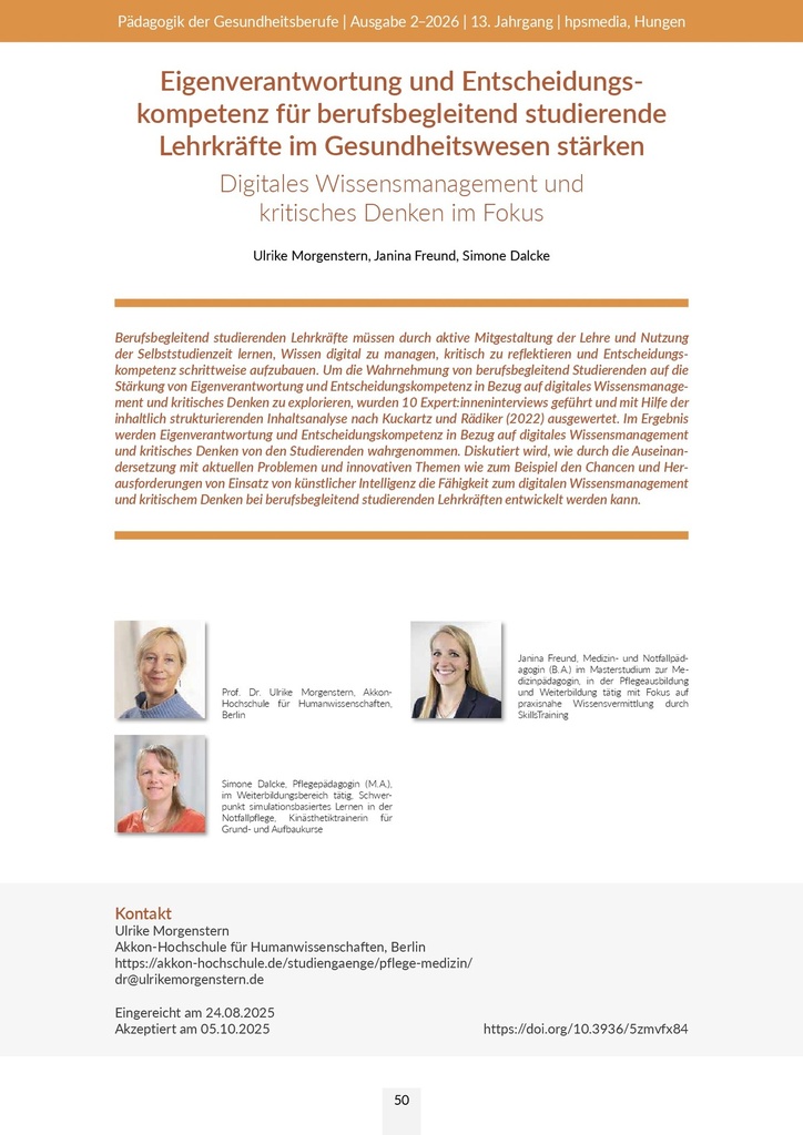 [doc_588858] Eigenverantwortung und Entscheidungskompetenz für berufsbegleitend studierende Lehrkräfte im Gesundheitswesen stärken – Digitales Wissensmanagement und kritisches Denken im Fokus