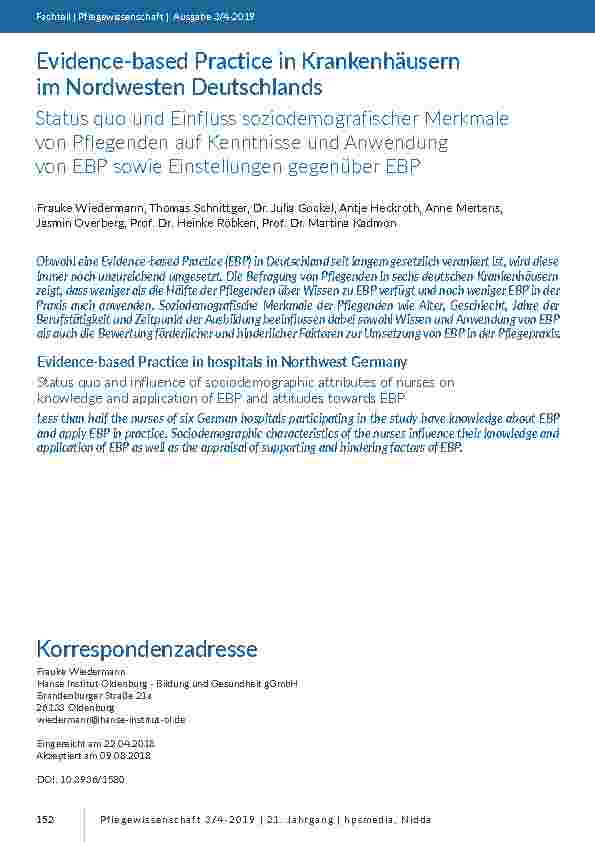 [doc_201759] Evidence-based Practice in Krankenhäusern im Nordwesten Deutschlands. Status quo und Einfluss soziodemografischer Merkmale von Pflegenden auf Kenntnisse und Anwendung von EBP sowie Einstellungen gegenüber EBP