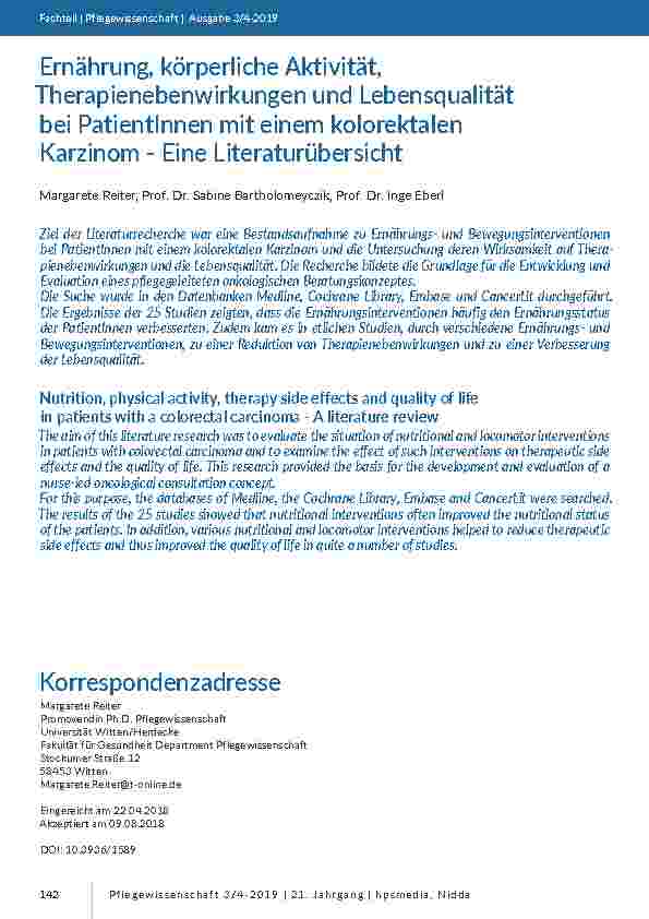 [doc_201758] Ernährung, körperliche Aktivität, Therapienebenwirkungen und Lebensqualität bei PatientInnen mit einem kolorektalen Karzinom - Eine Literaturübersicht