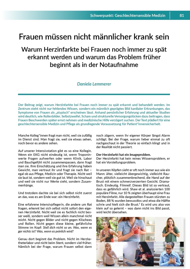 Frauen müssen nicht männlicher krank sein. Warum Herzinfarkte bei Frauen noch immer zu spät erkannt werden und warum das Problem früher beginnt als in der Notaufnahme – Zeitschrift für alle Gesundheitsberufe