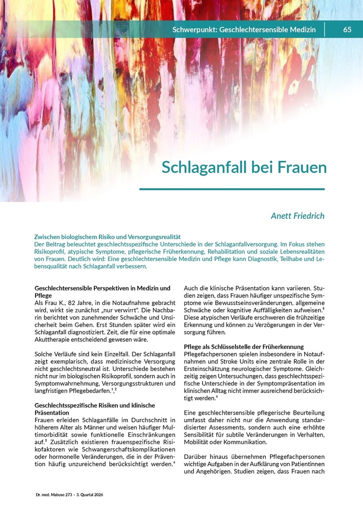 Schlaganfall bei Frauen – Zeitschrift für alle Gesundheitsberufe