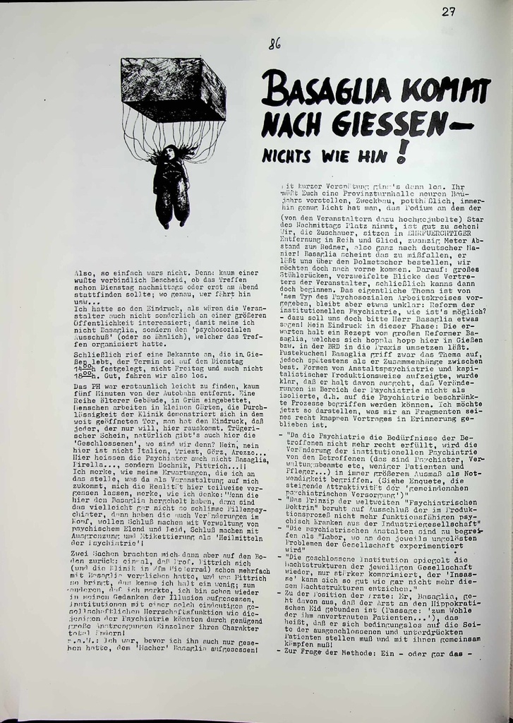 Basaglia kommt nach Giessen - nichts wie hin – Zeitschrift für alle Gesundheitsberufe