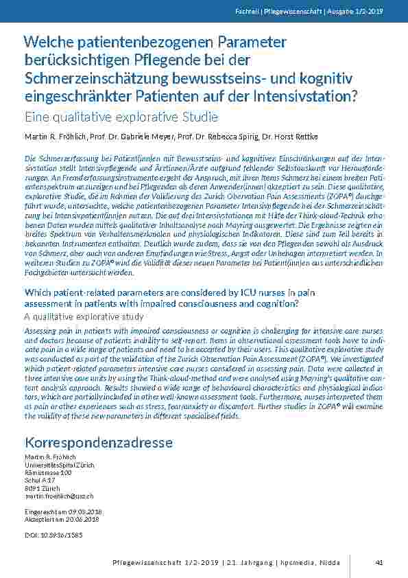 [doc_201741] Welche patientenbezogenen Parameter berücksichtigen Pflegende bei der Schmerzeinschätzung bewusstseinsund kognitiv eingeschränkter Patienten auf der Intensivstation? Eine qualitative explorative Studie
