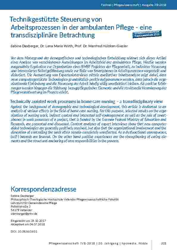 [doc_201698] Technikgestützte Steuerung von Arbeitsprozessen in der ambulanten Pflege - eine transdisziplinäre Betrachtung