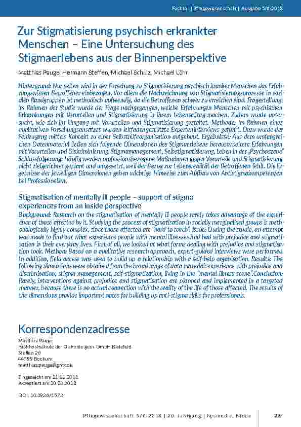 [doc_201685] Zur Stigmatisierung psychisch erkrankter Menschen – Eine Untersuchung des Stigmaerlebens aus der Binnenperspektive