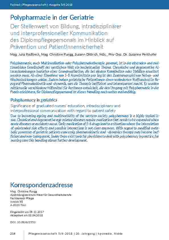 [doc_201684] Polypharmazie in der Geriatrie. Der Stellenwert von Bildung, intradisziplinärer und interprofessioneller Kommunikation des Diplompflegepersonals im Hinblick auf Prävention und PatientInnensicherheit