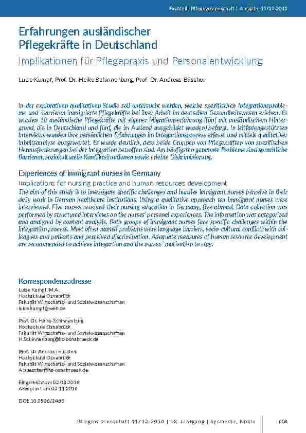 [doc_201559] Erfahrungen ausländischer Pflegekräfte in Deutschland. Implikationen für Pflegepraxis und Personalentwicklung