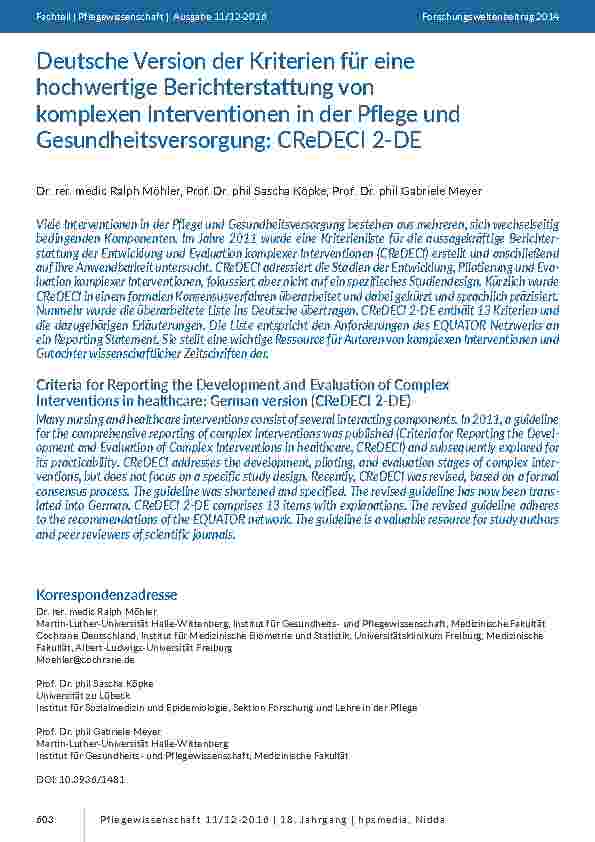 [doc_201558] Deutsche Version der Kriterien für eine hochwertige Berichterstattung von komplexen Interventionen in der Pflege und Gesundheitsversorgung: CReDECI 2-DE