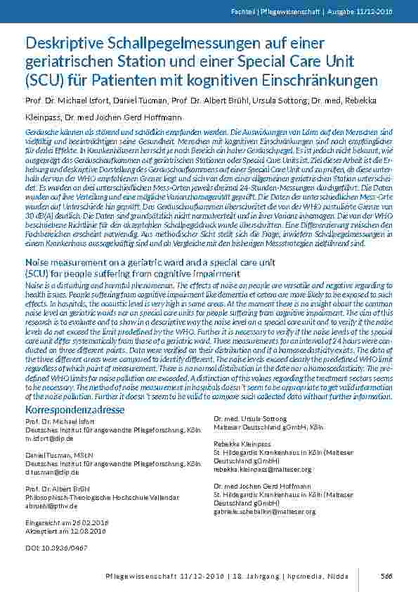 [doc_201553] Deskriptive Schallpegelmessungen auf einer geriatrischen Station und einer Special Care Unit (SCU) für Patienten mit kognitiven Einschränkungen