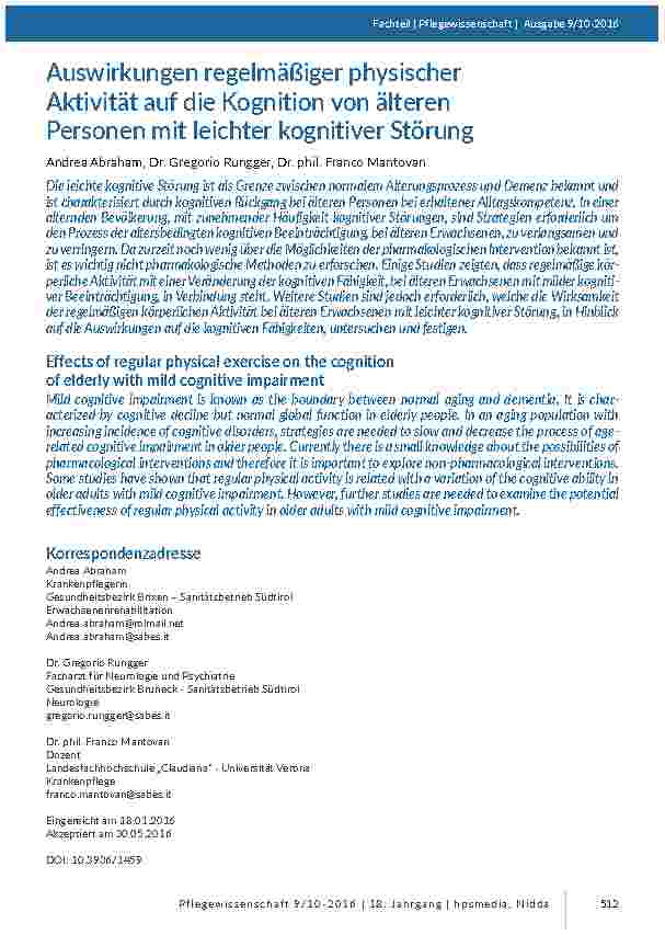 [doc_201543] Auswirkungen regelmäßiger physischer Aktivität auf die Kognition von älteren Personen mit leichter kognitiver Störung