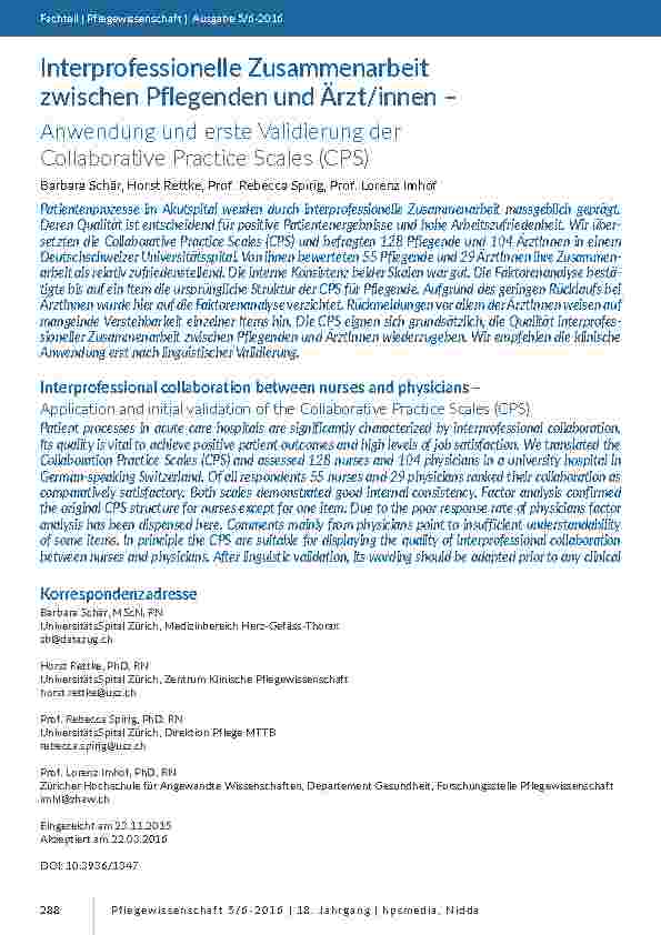 [doc_201505] Interprofessionelle Zusammenarbeit zwischen Pflegenden und Ärzt/innen – Anwendung und erste Validierung der Collaborative Practice Scales (CPS)