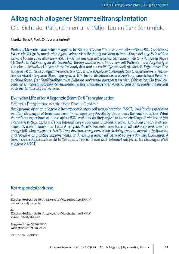 [doc_201471] Alltag nach allogener Stammzelltransplantation. Die Sicht der Patientinnen und Patienten im Familienumfeld