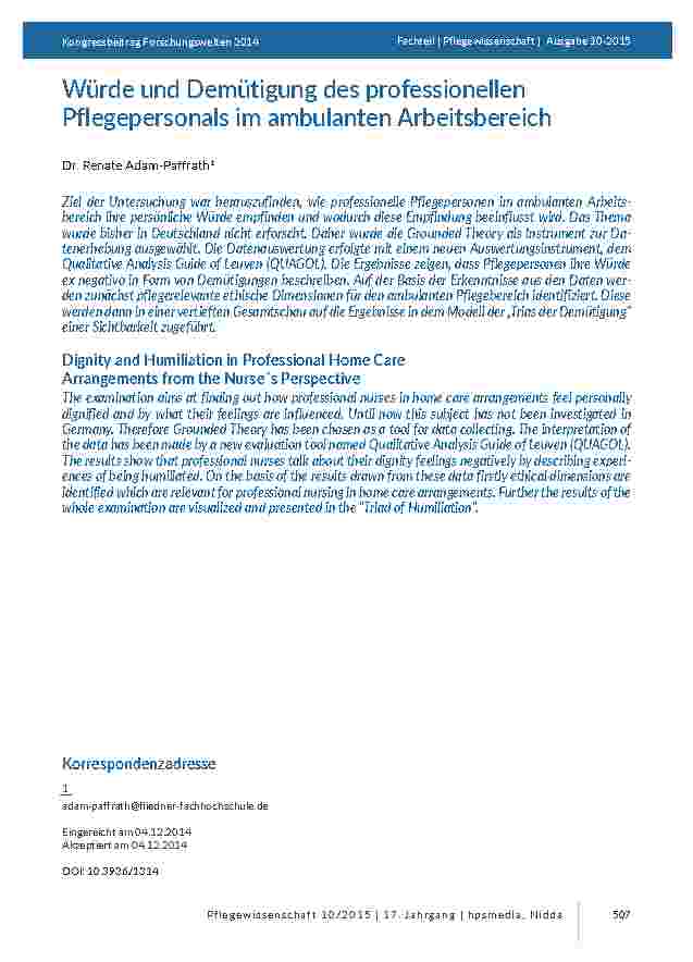 [doc_201437] Würde und Demütigung des professionellen Pflegepersonals im ambulanten Arbeitsbereich