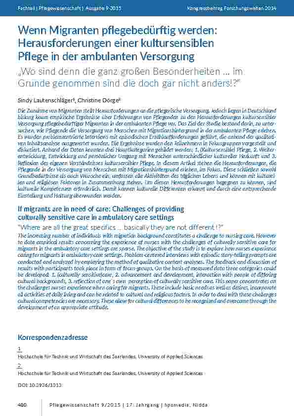 [doc_201430] Wenn Migranten pflegebedürftig werden: Herausforderungen einer kultursensiblen Pflege in der ambulanten Versorgung