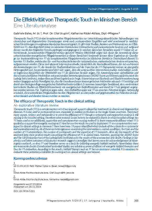 [doc_201403] Die Effektivität von Therapeutic Touch im klinischen Bereich. Eine Literaturanalyse