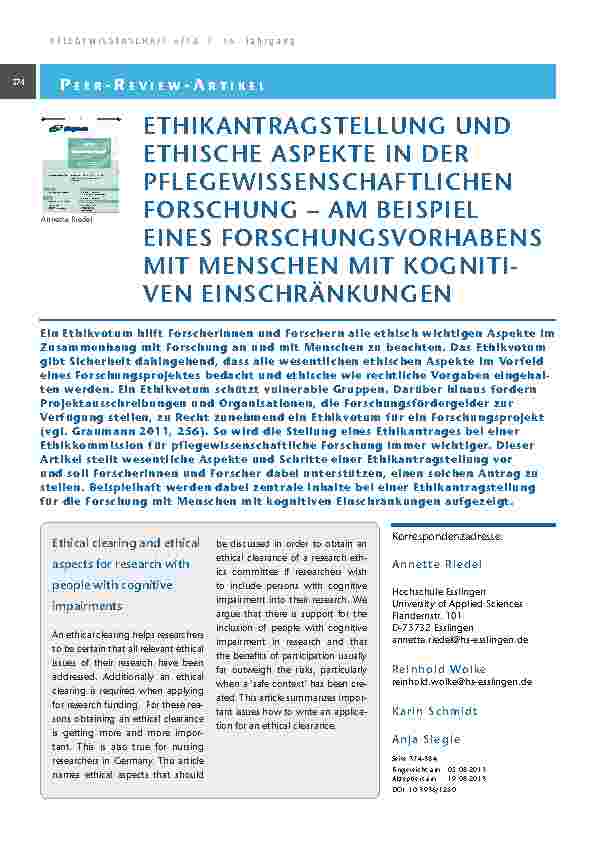 [doc_201354] Ethikantragstellung und ethische Aspekte in der pflegewissenschaftlichen Forschung – am Beispiel eines Forschungsvorhabens mit Menschen mit kognitiven Einschränkungen